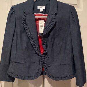 LOFT Charcoal Blazer with Scarlet Ruffle Detail
